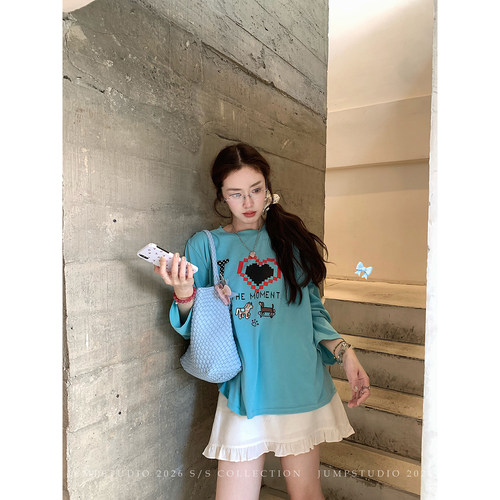 草莓跳 美式复古爱心字母印花长袖T恤女春夏宽松显瘦百搭休闲上衣