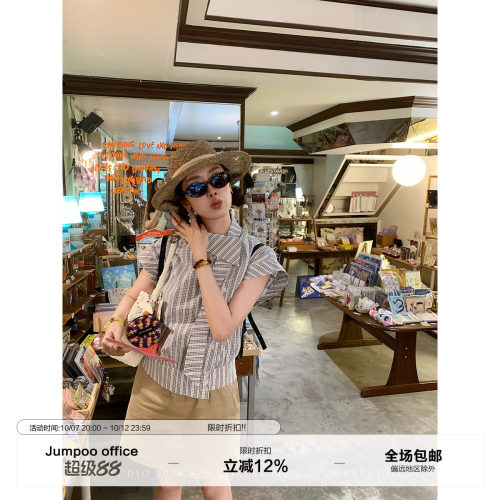 草莓跳 韩系翻领飘带短袖条纹衬衫女夏季设计感修身显瘦休闲衬衣
