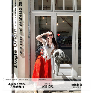 子 女春夏高腰显瘦宽松阔腿裤 草莓跳 复古慵懒灯芯绒九分休闲裤