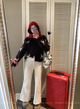 草莓跳 复古水洗设计感斜边阔腿牛仔裤女冬季百搭休闲直筒微喇裤