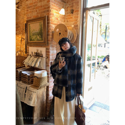 草莓跳 法式复古粗花呢格纹大衣女冬季中长款气质格子外套配围巾