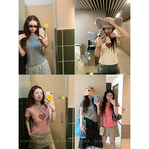 草莓跳 美式复古爱心印花短袖T恤女夏季新款修身显瘦短款休闲上衣