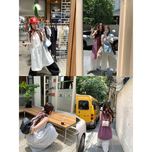 草莓跳 韩系方领排扣泡泡袖吊带连衣裙女夏季清凉垂感a字显瘦裙子
