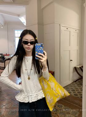 草莓跳 纯棉波点花边内搭长袖T恤女冬季设计感宽松百搭打底上衣