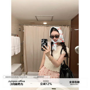 修身 T恤女夏季 显瘦肌理感百搭上衣 复古天丝褶皱泡泡纱短袖 草莓跳