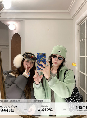 草莓跳 清新苹果绿休闲运动套装女冬季加绒连帽卫衣休闲裤两件套