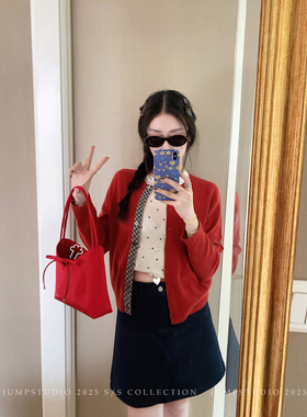 草莓跳 羊毛撞色短款针织上衣女春季圆领长袖修身软糯毛衣开衫