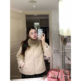草莓跳 皮毛一体羊羔毛毛领外套女秋冬高级感宽松加厚保暖上衣