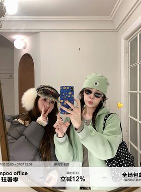草莓跳 清新苹果绿休闲运动套装女冬季加绒连帽卫衣休闲裤两件套