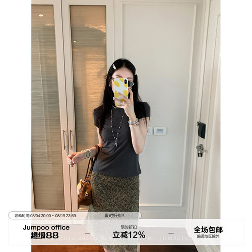 草莓跳 纯色天丝亚麻基础圆领短袖T恤女夏季新款修身显瘦百搭上衣