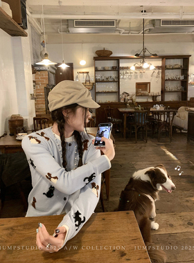 草莓跳 100%绵羊毛提花圆领针织开衫女冬季修身减龄百搭毛衣外套