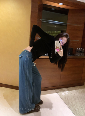 草莓跳 复古立缝骨线抽绳牛仔裤女冬季高腰显瘦百搭加绒休闲裤子