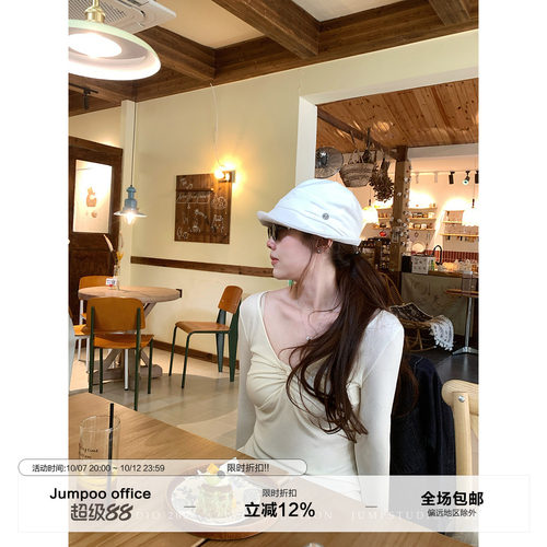 草莓跳 莱赛尔性感v领扭结长袖T恤女秋季设计感修身显瘦百搭上衣