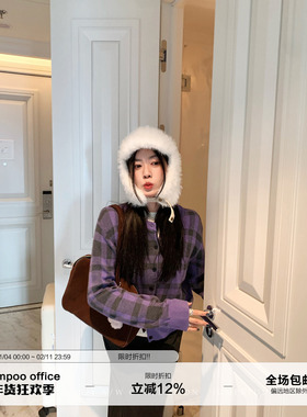 草莓跳 复古撞色格纹羊毛针织开衫女冬季圆领气质修身精致上衣