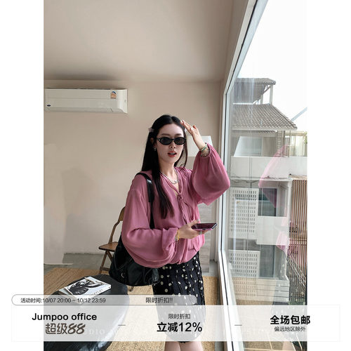 草莓跳 法式复古系带v领长袖衬衫女夏季亲肤透气宽松显瘦百搭衬衣