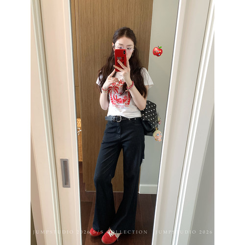 草莓跳 美式复古水洗直筒牛仔裤春夏高腰显瘦垂感百搭阔腿裤子