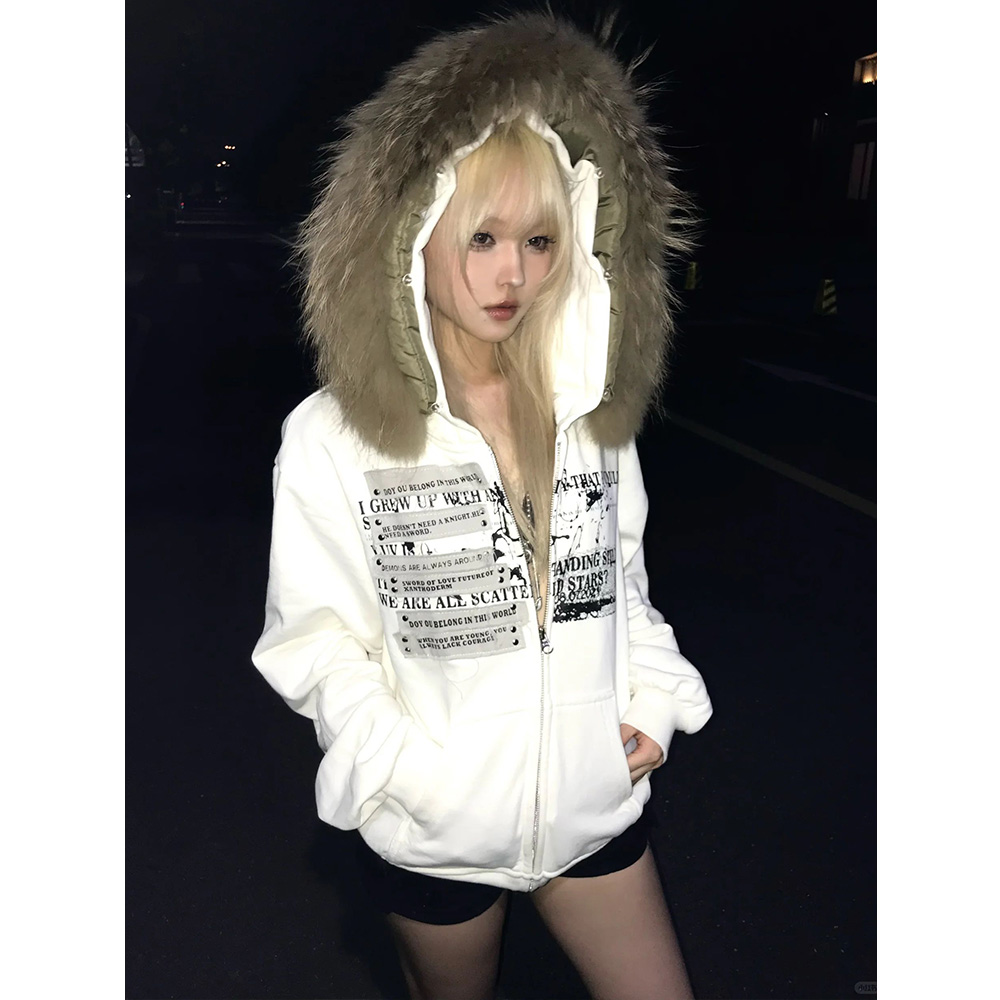 毛领开衫卫衣外套女美式复古设计感小众宽松显瘦休闲春秋连帽上衣