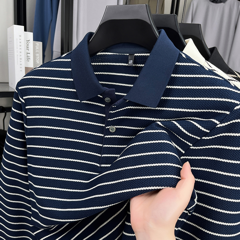 蓝白条纹长袖t恤男翻领春秋季透气针织polo衫男薄款打底衫上衣服