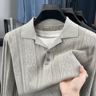休闲打底衫 西装 T恤男士 长袖 领提花肌理感老钱风26春秋纯棉针织款