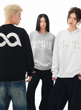 BIPOLAR白三拼贴布圆领卫衣美式休闲宽松长袖男国潮情侣款上衣秋