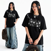 休闲宽松圆领上衣情侣夏薄款 BIPOLAR撞色星星亮片刺绣短袖 T恤美式