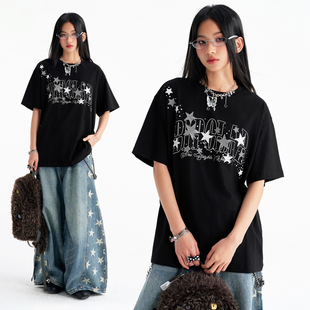 BIPOLAR撞色星星亮片刺绣短袖T恤美式休闲宽松圆领上衣情侣夏薄款