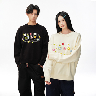 BIPOLAR圆领仿毛毡花朵毛衣情侣装 国潮花百搭秋冬打底针织上衣男