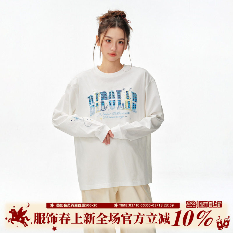 BIPOLAR星星渐变贴布长袖潮牌美式休闲宽松圆领上衣T恤秋打底衫男