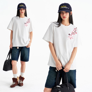 BIPOLAR樱花刺绣短袖美式休闲宽松上衣设计感圆领T恤夏季薄款男女