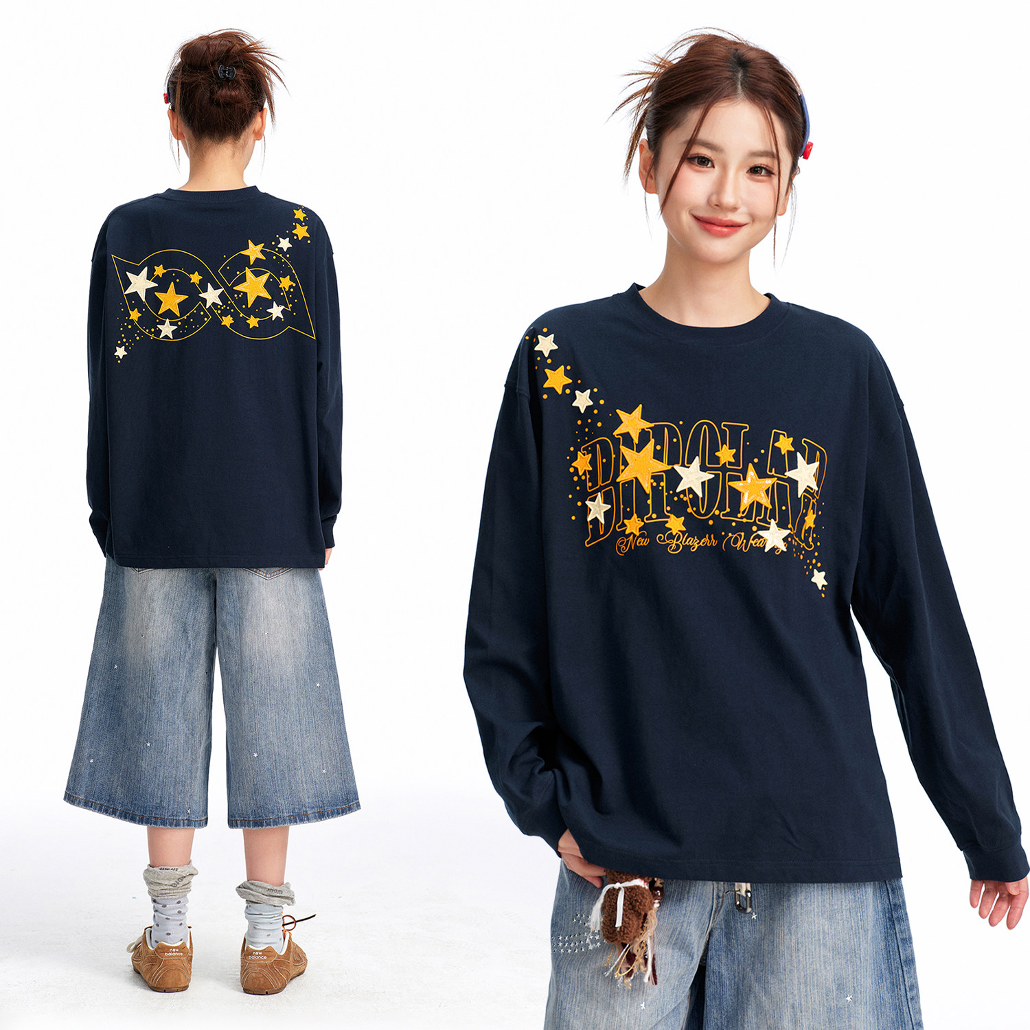 BIPOLAR撞色星星亮片刺绣长袖T恤美式休闲宽松圆领上衣男打底衫春,男装,T恤,淘宝优惠券,粉丝福利购,淘宝优惠卷