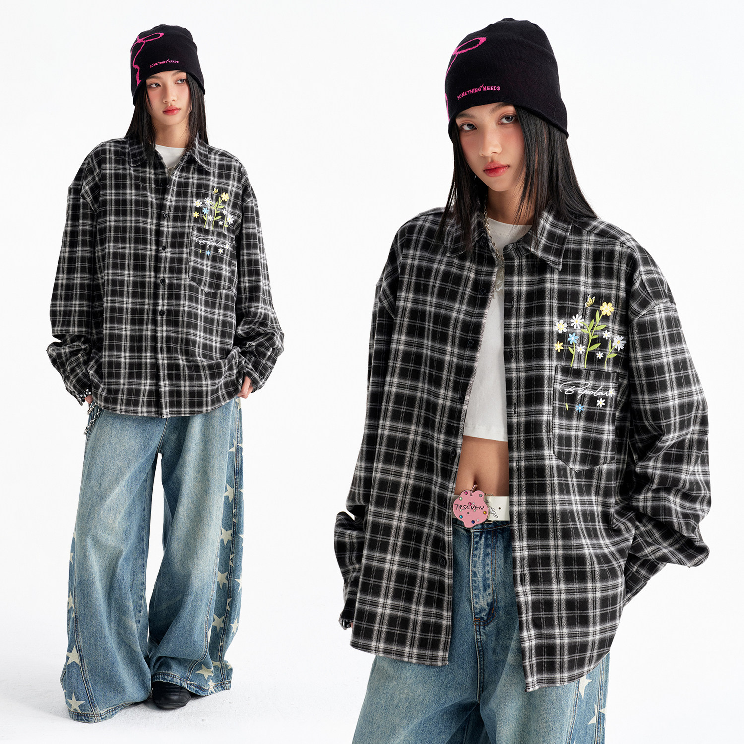 BIPOLAR花卉格子衬衫美式复古宽松长袖衬衣女春秋新款百搭外套男,男装,衬衫,淘宝优惠券,粉丝福利购,淘宝优惠卷