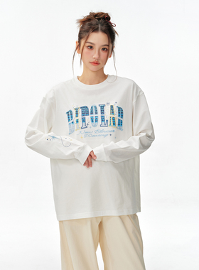 BIPOLAR星星渐变贴布长袖潮牌美式休闲宽松圆领上衣T恤秋打底衫男