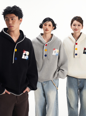 BIPOLAR断字三色贴布绣连帽毛衣多巴胺彩色针织衫设计感潮外套男