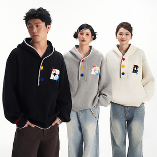BIPOLAR断字三色贴布绣连帽毛衣多巴胺彩色针织衫 设计感潮外套男