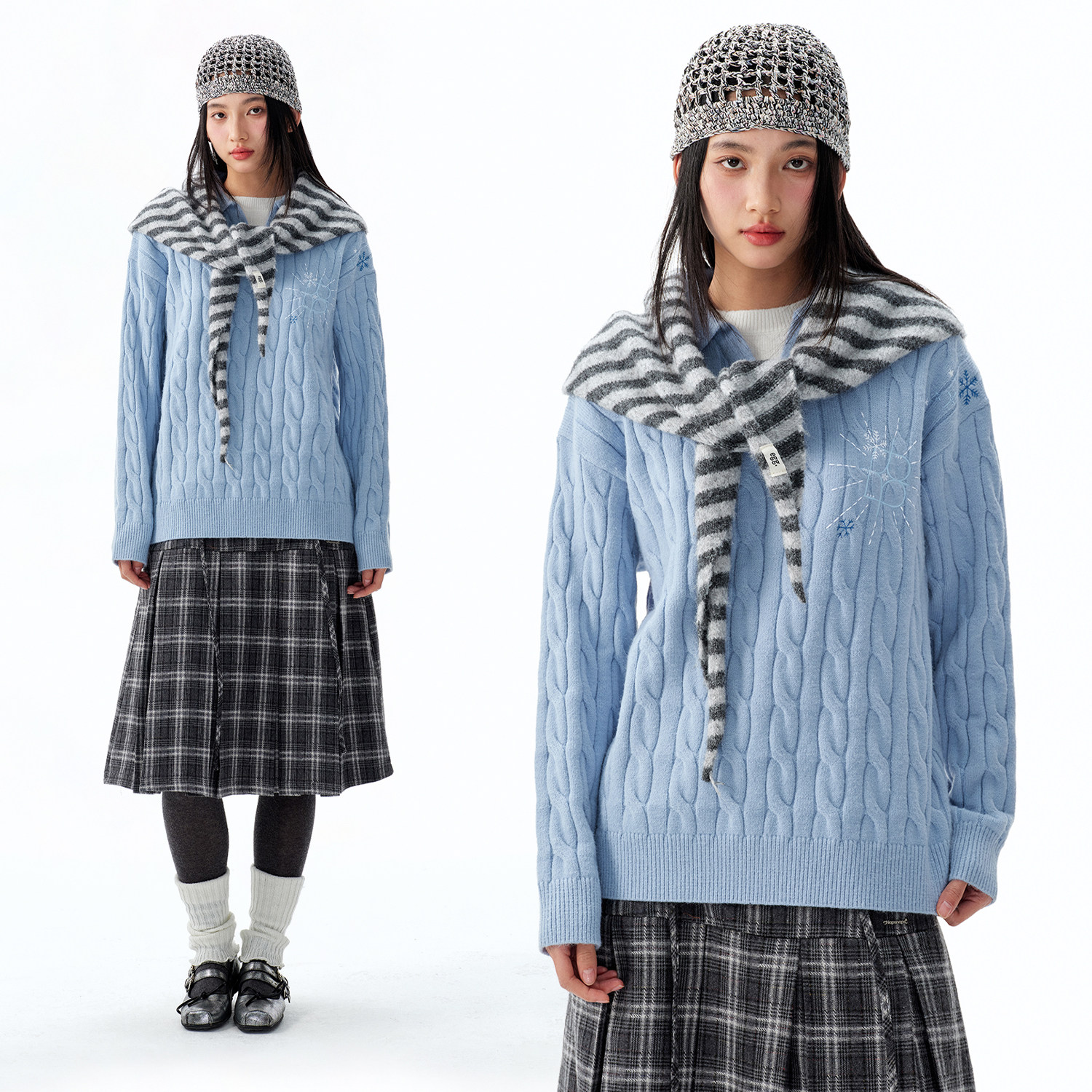 BIPOLAR过肩雪花假两件针织衫设计感百搭POLO领男毛衣上衣打底女