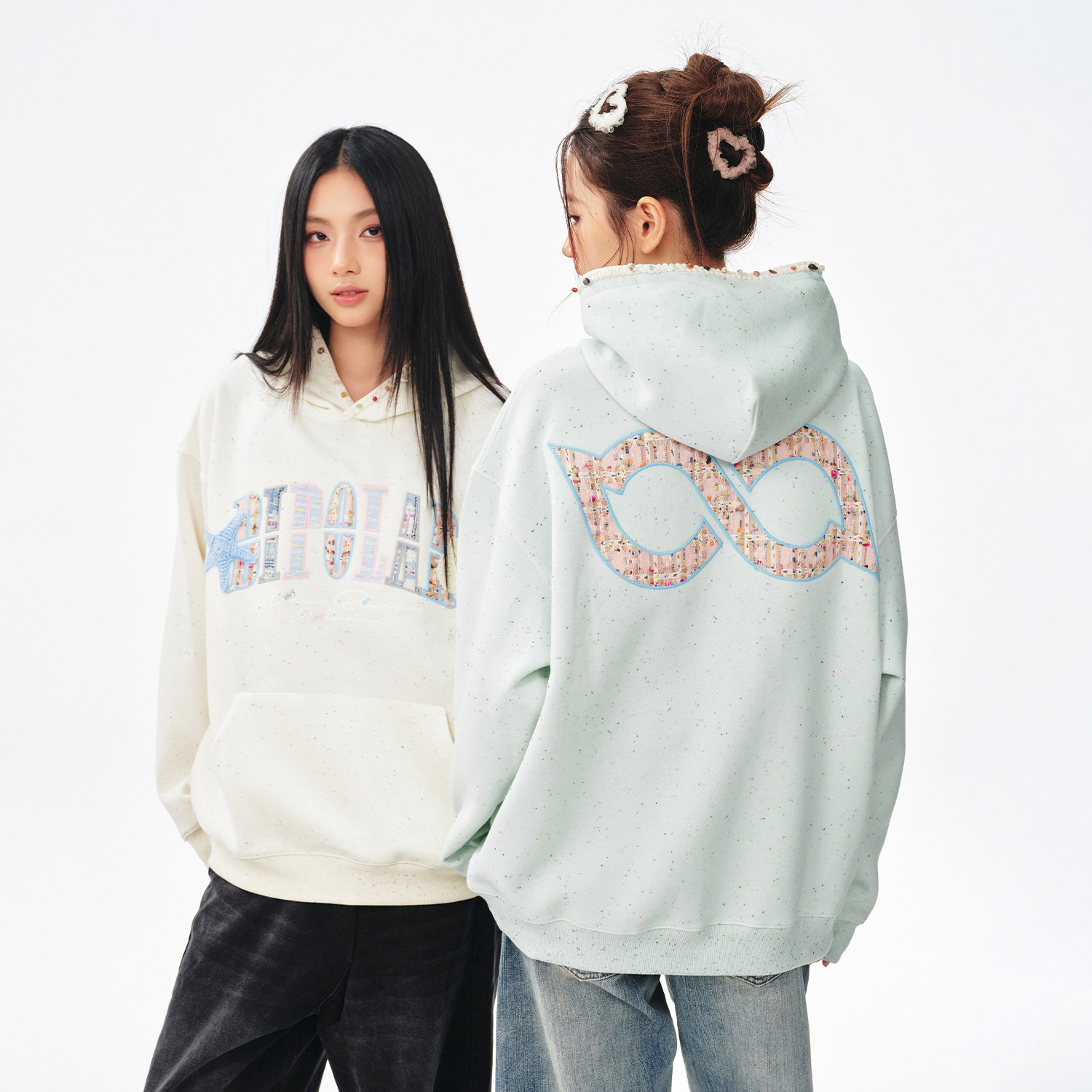 BIPOLAR贝壳织带小香风贴布连帽卫衣韩系甜美休闲宽松圆领帽衫女