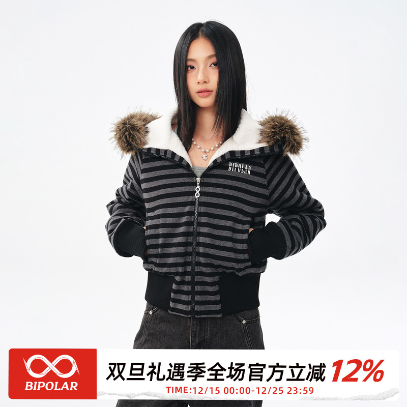 BIPOLAR条纹毛领拉链连帽短款收腰棉服美式街头冬季显瘦保暖外套