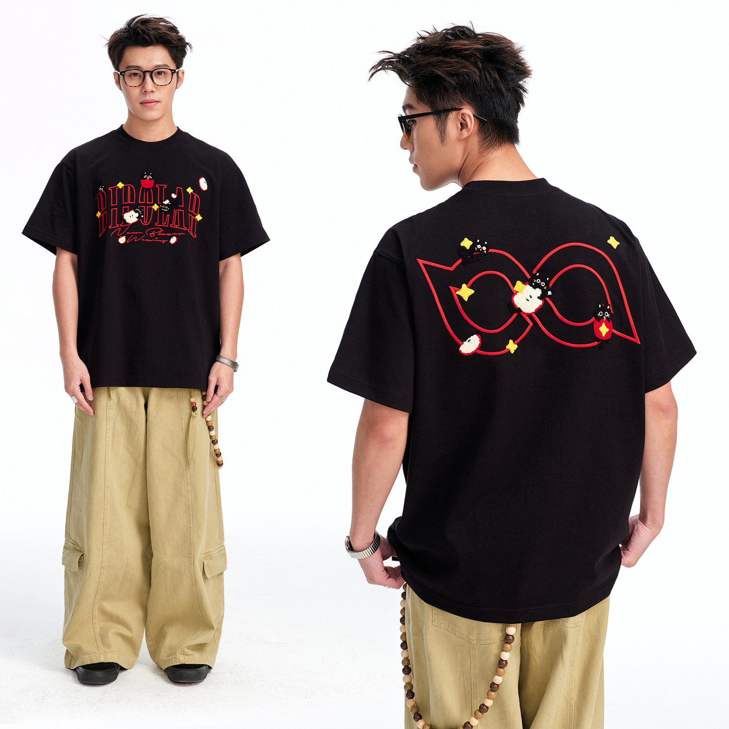 BIPOLAR苹果猫刺绣短袖T恤美式休闲宽松圆领上衣夏季情侣新款半袖