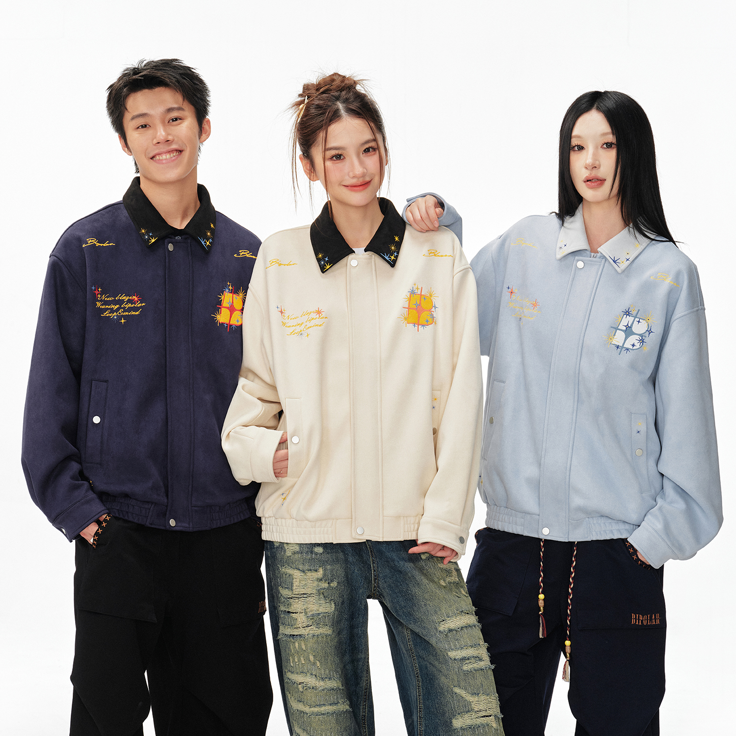 BIPOLAR碎花星星翻领麂皮夹克