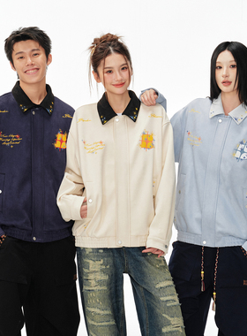 BIPOLAR碎花星星翻领麂皮夹克美式刺绣翻领外套男女情侣休闲上衣