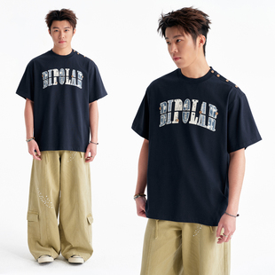 BIPOLAR纽扣蓝拼格纹短袖T恤设计感美式休闲宽松圆领上衣夏季薄款