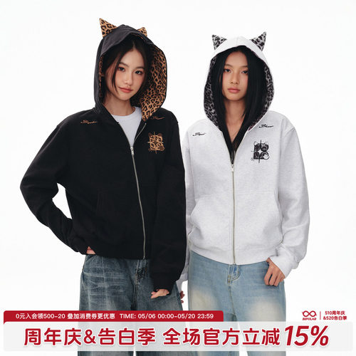 BIPOLAR女款猫耳豹纹贴布卫衣