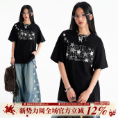 休闲宽松圆领上衣情侣夏薄款 BIPOLAR撞色星星亮片刺绣短袖 T恤美式