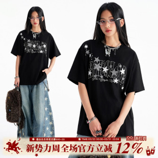 休闲宽松圆领上衣情侣夏薄款 BIPOLAR撞色星星亮片刺绣短袖 T恤美式