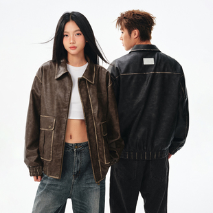 BIPOLAR翻领擦色皮衣夹克复古美式 休闲百搭男外套上衣潮秋冬 时尚