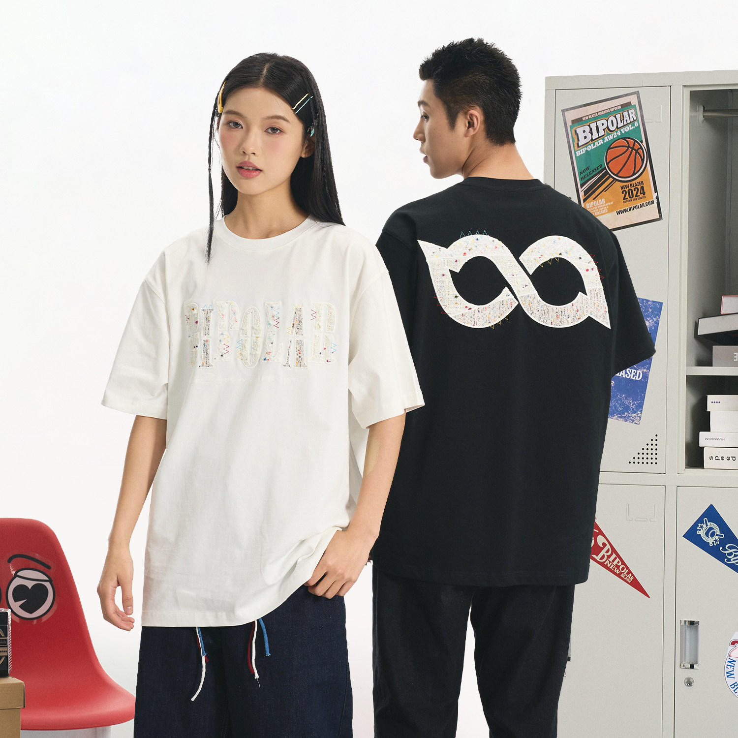 BIPOLAR红黄蓝拼色短袖t恤上衣贴布刺绣美式复古夏季宽松休闲百搭