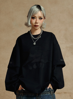 G-BLOCK「四炁合一」联名 裂纹假两件圆领卫衣 长袖T恤衫上衣秋冬