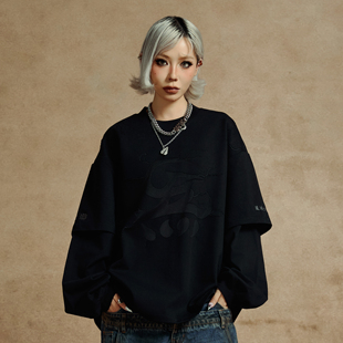 T恤衫 长袖 裂纹假两件圆领卫衣 上衣秋冬 BLOCK「四炁合一」联名