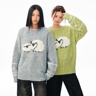 BIPOLAR毛绒小羊圆领毛衣休闲圆领宽松针织上衣男情侣款 秋冬外套