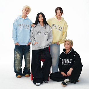 BIPOLAR灰色卫衣潮牌情侣重工蕾丝贴布上衣连帽美式 街头宽松外套